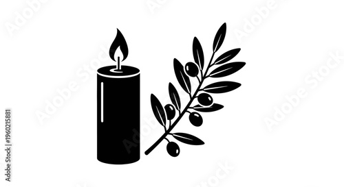 Olive branch with lit candle.