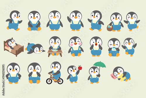 Cute Cartoon Penguin Character Set in Various Poses