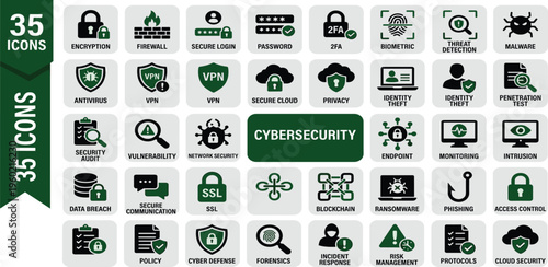 Collection of 35 cybersecurity icons representing various aspects of digital security and online safety
