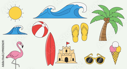 Colorful beach vacation icons set.