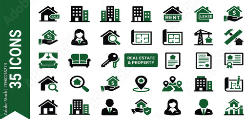 Extensive vector icon set for real estate and property. Perfect for web, app, and print design, featuring essential symbols for houses, buildings, agents, and market services