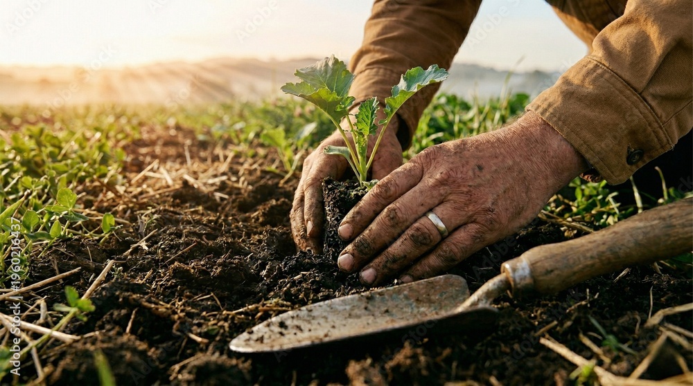 Fototapeta premium farmer, agriculture, field, farm, farming, nature, agricultural, plant, farmland, man, land, rural, harvest, crop, cultivated, spring, green, organic, person, growth, summer, male, countryside, sunset