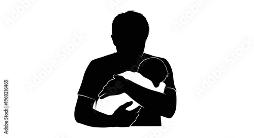 Man holding newborn baby close.
