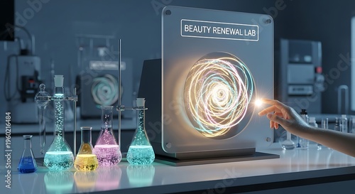 Hand interacting with glowing beauty display in futuristic science lab