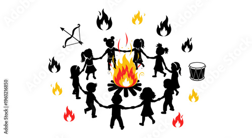 People holding hands around campfire.
