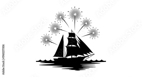 Sailing ship with fireworks exploding.