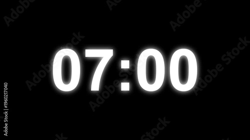 12 minutes digital countdown animation displays a timer counting down minutes and seconds. Perfect for presentation pauses. HUD user interface with technology stopwatch digital countdown.