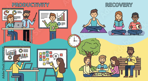 Set of 4 productivity and recovery illustrations vector