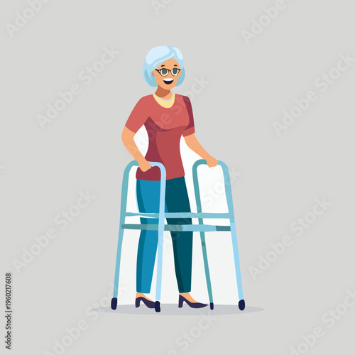 Elderly woman using a walker for mobility and support.