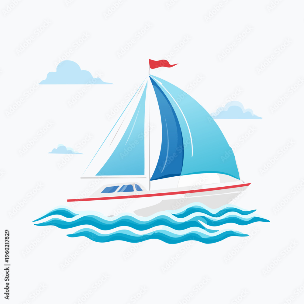 Fototapeta premium Sailboat on the water with blue sails and a red flag.