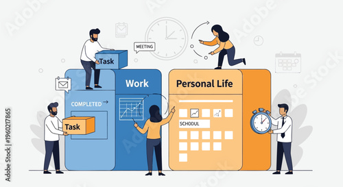 Set of 6 people managing work and personal life vector icons