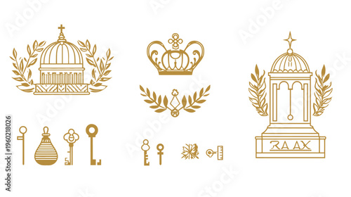 Golden architectural design elements including domes, crowns, keys, and olive branches