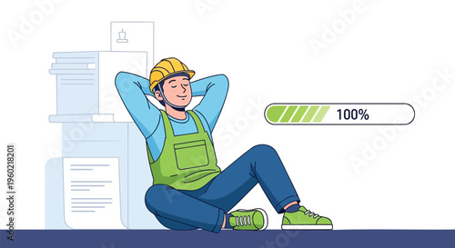 Vector illustration of a relaxed worker with progress bar