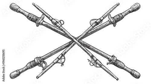 Black and white illustration of four crossed swords, with detailed handles and guards on a white background