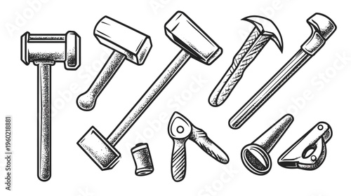 A collection of various hammer and tool illustrations in black and white, ready for construction