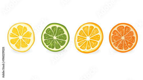 A collection of fruit slices including lemon, lime, and orange, on a white backdrop