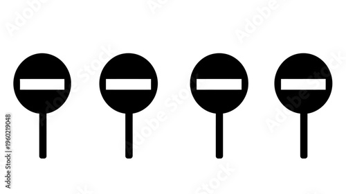 Four black road signs of prohibition on white background, round shape and horizontal line
