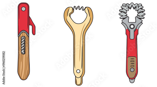 Three cartoon kitchen tools a bottle opener/corkscrew, a wavy blade tool, and a crimping tool