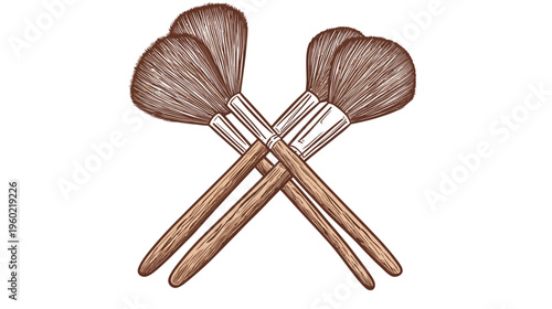 Illustration of four makeup brushes, crossed, brown bristles and wooden handles, isolated on white