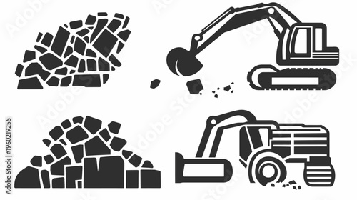 Black and white illustration of construction equipment and piles of rocks on a white backdrop