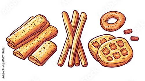 Illustration of several different golden-brown baked foods. Includes rolls, breadsticks, waffles, and bagel