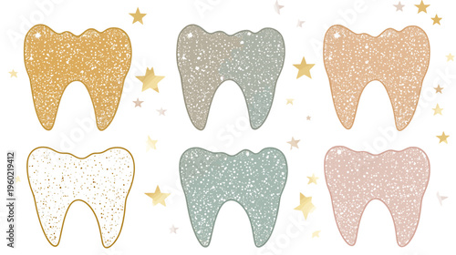 Colorful illustrated dental teeth graphic design with stars, perfect for pediatric dentistry or tooth care