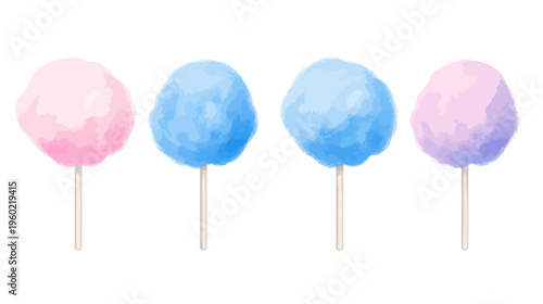 Four watercolor illustrations of fluffy, colorful candy floss on sticks, isolated on a white background