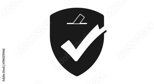 Shield with checkmark and logo.