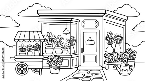 Flower shop with a cart full of plants outside