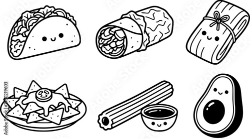 Vector graphic illustration of various mexican food items smiling