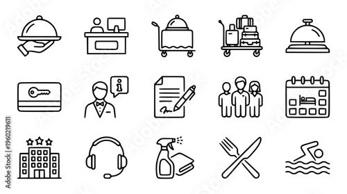 Hotel hospitality and service vector graphic illustrations set