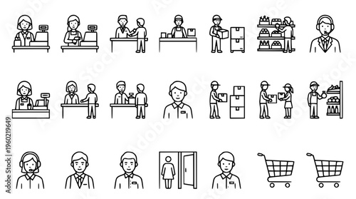 Vector graphic illustration set of people working in retail store