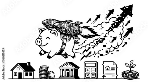 Piggy bank wearing rocket propulsion soaring to financial success