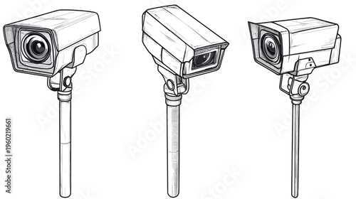 Three stylized grayscale illustrations of security cameras, each with a distinctive design