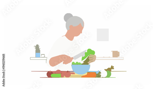 Minimal Grandma Cooking Salad Senior Woman Kitchen Lifestyle Vector Illustration