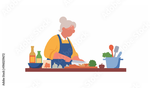 Happy Grandma Cutting Vegetables Cooking Salad Flat Vector Illustration