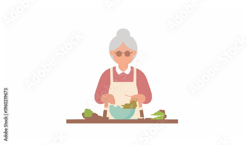Grandma Cooking Salad Vector Illustration Elderly Woman Preparing Food at Home