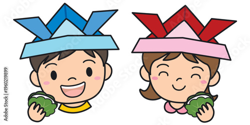 折り紙かぶとにかしわ餅を持つ子供たちのイラスト 端午の節句 子どもの日素材