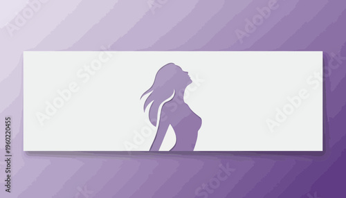 Graceful silhouette of a woman with flowing hair, gazing upwards on a serene purple gradient background, embodying peace, contemplation, and aspiration in a minimalist graphic design