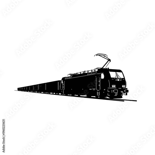 Dynamic silhouette illustration of a modern freight train, symbolizing robust logistics, heavy cargo transportation, and efficient industrial delivery services along railway networks