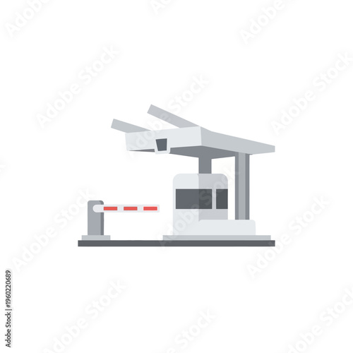 Automated roadside payment station with a lowered boom barrier for controlled access, illustrating traffic management and entry point security