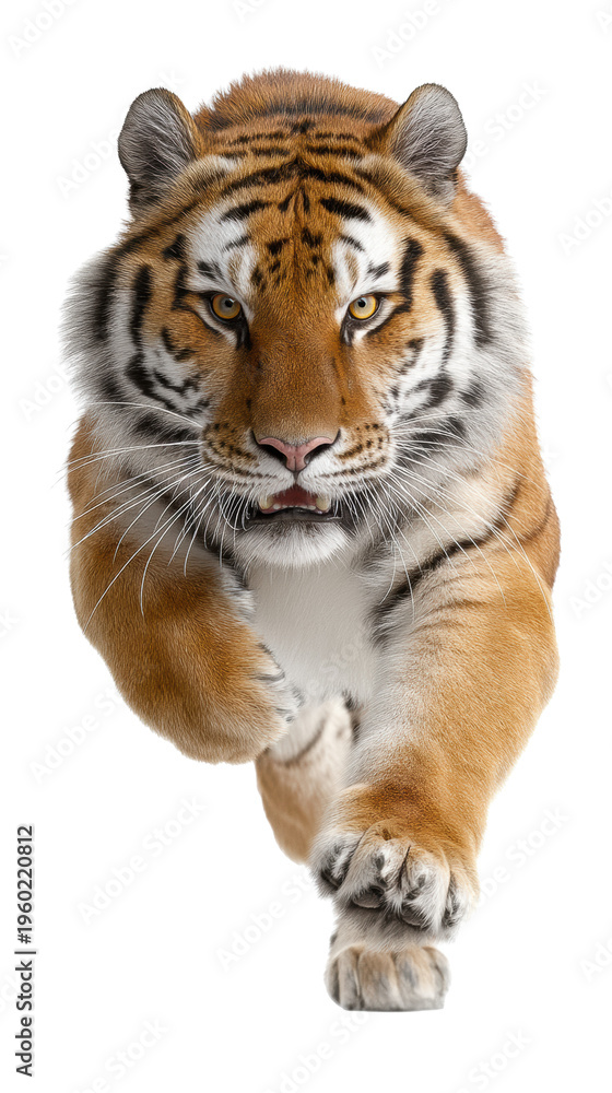 Fototapeta premium Front view of running Bengal tiger with intense stare and raised paw isolated on transparent background