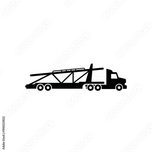Sleek minimalist icon of a semi-truck and flatbed trailer transporting large structural elements, symbolizing heavy haulage and industrial logistics