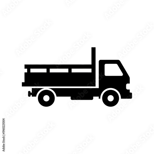 Modern vector silhouette icon of a flatbed truck, representing cargo transportation, logistics, and delivery. Essential graphic for web, app, and print design
