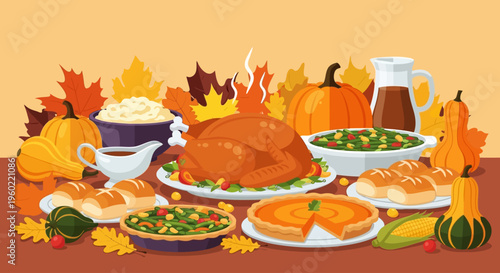Festive Thanksgiving Dinner Table with Roasted Turkey Pumpkin Pie and Autumn Leaves.