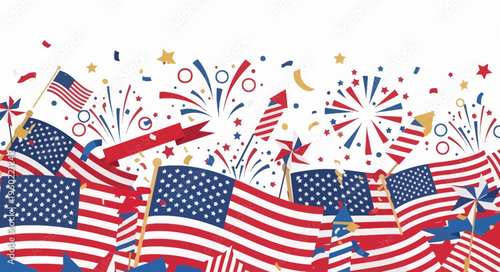Fototapeta premium Patriotic American Flags Fireworks and Stars Border Vector Illustration.