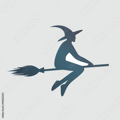 Silhouette of a witch flying on a broomstick against a light background.