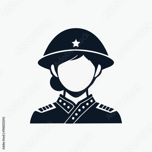 Simple black and white female soldier avatar icon.