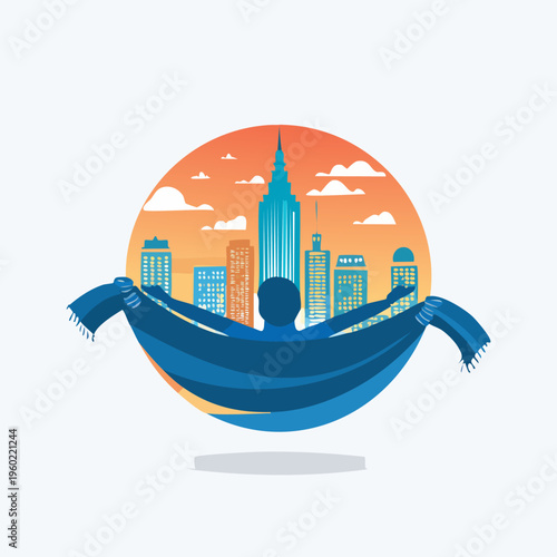 Silhouette with a scarf overlooking a modern metropolis at sunset.