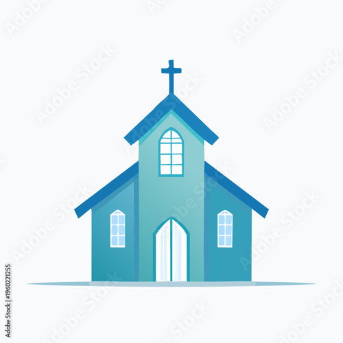 Simple Blue Church Building with Cross Icon.